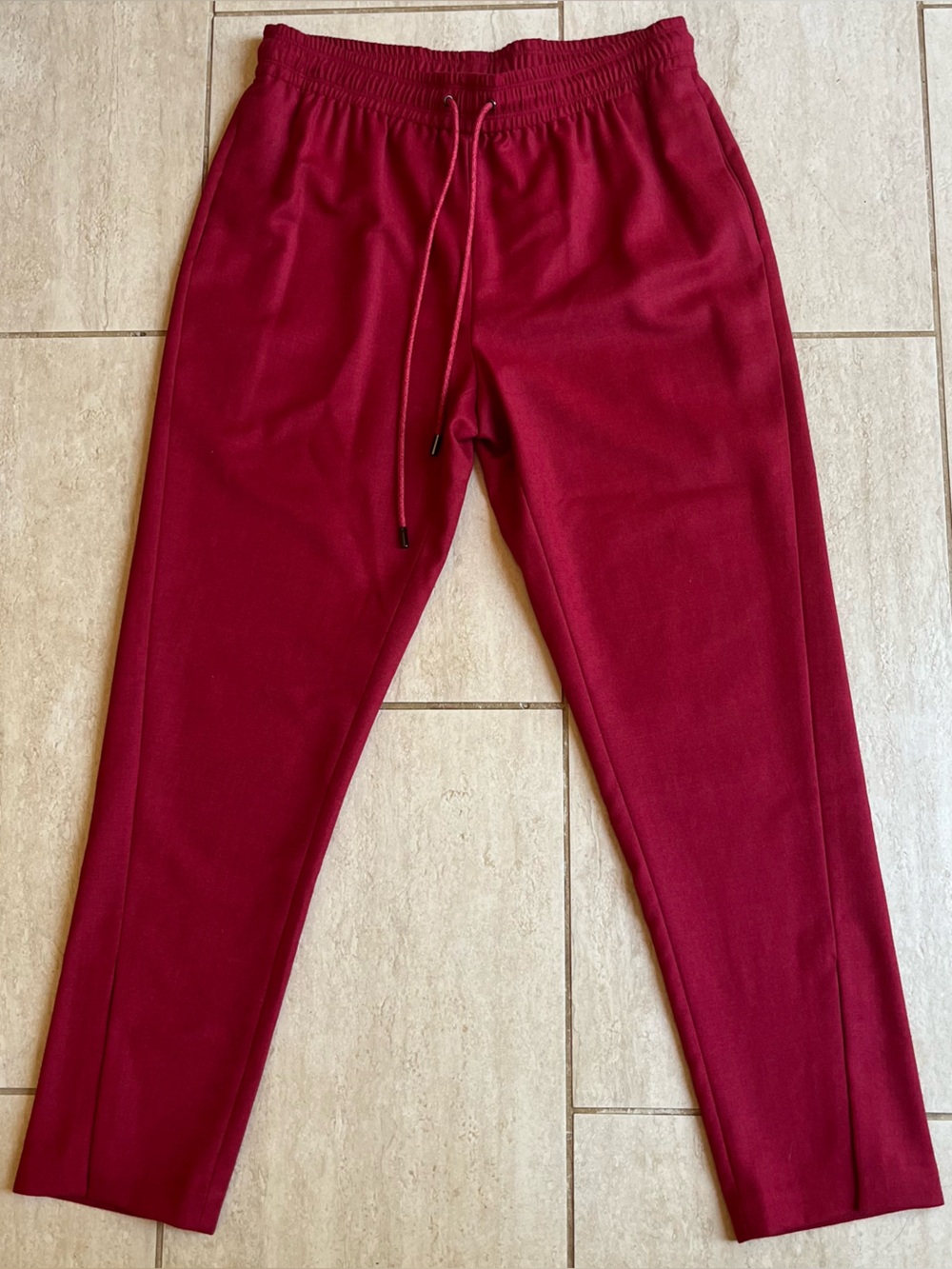 Theory Red Front slit Wool Jogger Pants | Luxe Minimalist Pull-On Career Trouser